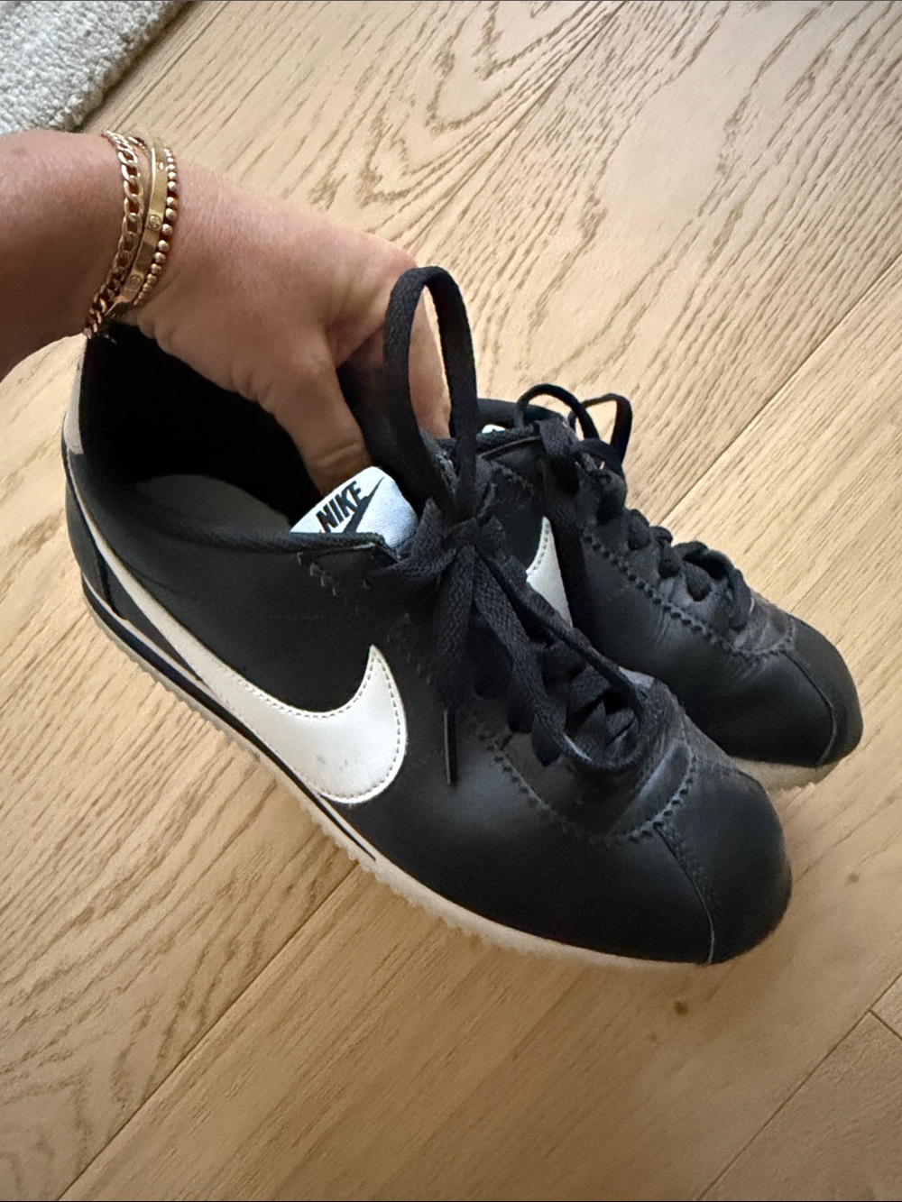 Nike Black Leather Cortez Retro Running Shoes with White Swoosh